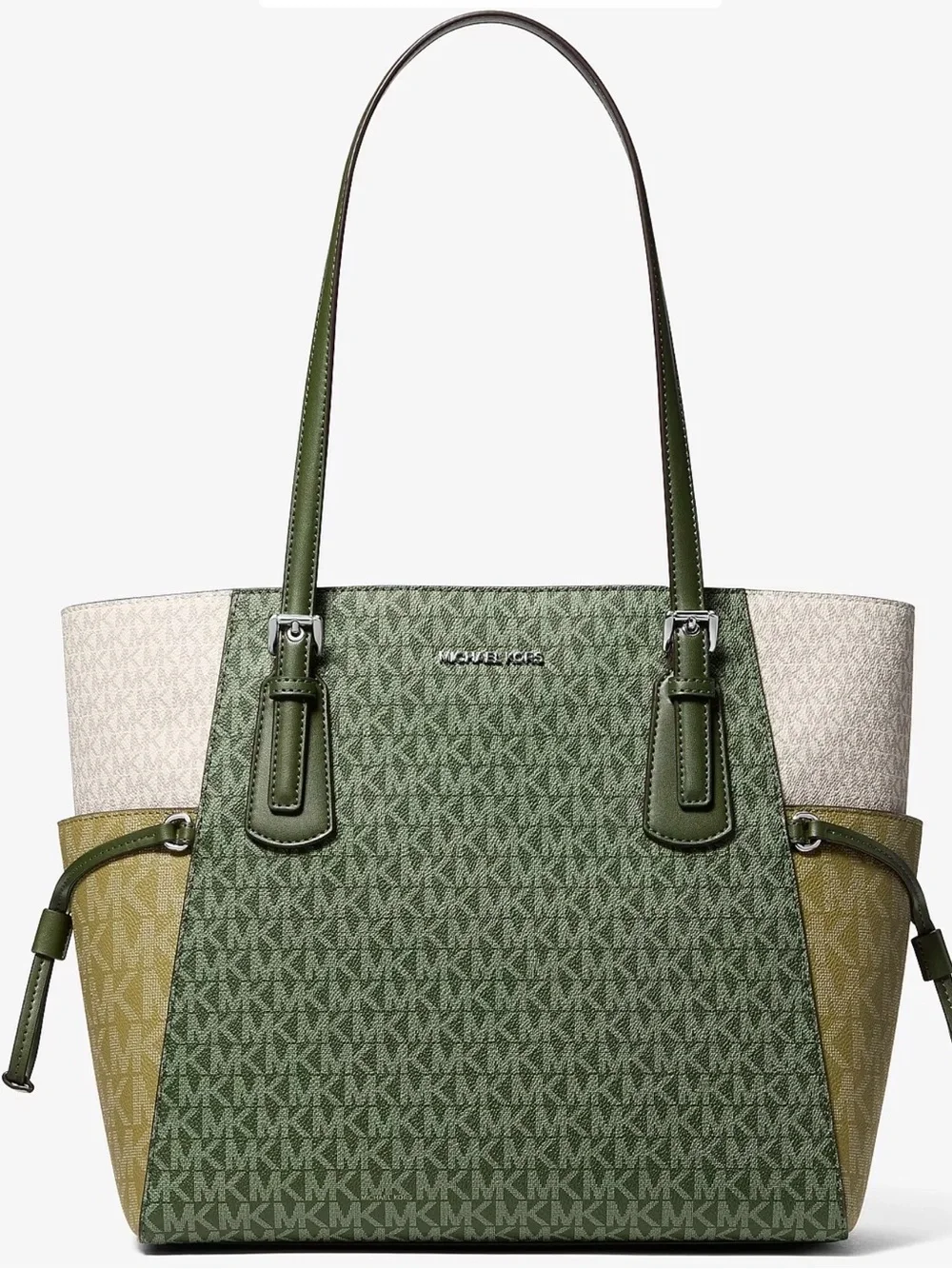 Michael Kors Green and Cream MK Logo Tote with Olive Side Panels